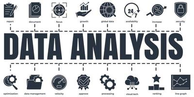 Data analysis banner web icon set. increase, velocity, processing, availability, line graph, and etc vector illustration concept.