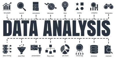 Data analysis banner web icon set. analytics, search, data mining, data filter, pie chart, and etc vector illustration concept.