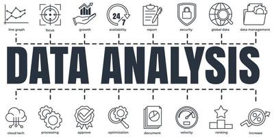 Data analysis banner web icon set. increase, velocity, processing, availability, line graph, and etc vector illustration concept.