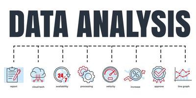 Data analysis banner web icon set. increase, velocity, processing, availability, line graph, cloud tech, approve, report vector illustration concept.