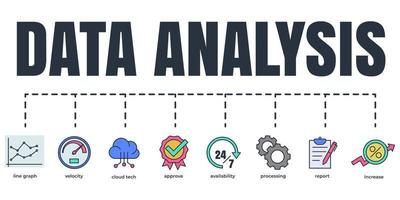 Data analysis banner web icon set. increase, velocity, processing, availability, line graph, cloud tech, approve, report vector illustration concept.