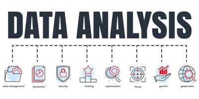 Data analysis banner web icon set. growth, focus, optimization, security, ranking, document, data management, global data vector illustration concept.