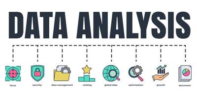 Data analysis banner web icon set. growth, focus, optimization, security, ranking, document, data management, global data vector illustration concept.