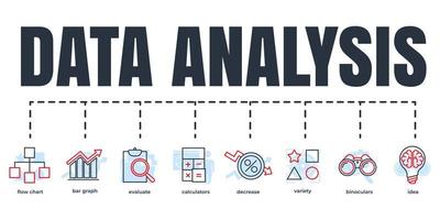 Data analysis banner web icon set. binoculars, flow chart, bar graph, variety, calculators, idea, evaluate, decrease vector illustration concept.