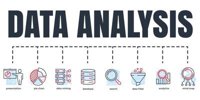 Data analysis banner web icon set. analytics, search, data mining, data filter, pie chart, presentation, mind map, database vector illustration concept.