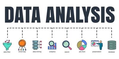 Data analysis banner web icon set. analytics, search, data mining, data filter, pie chart, presentation, mind map, database vector illustration concept.