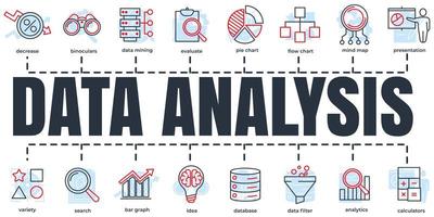 Data analysis banner web icon set. analytics, search, data mining, data filter, pie chart, and etc vector illustration concept.