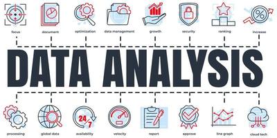 Data analysis banner web icon set. increase, velocity, processing, availability, line graph, and etc vector illustration concept.