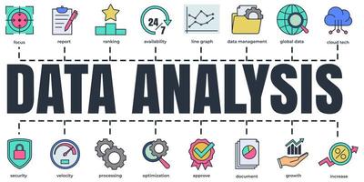 conjunto de iconos web de banner de análisis de datos. aumento, velocidad, procesamiento, disponibilidad, gráfico de líneas, etc. concepto de ilustración vectorial. vector