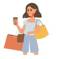 mujer de compras con muchas bolsas de compras y sosteniendo una ilustración de café vector