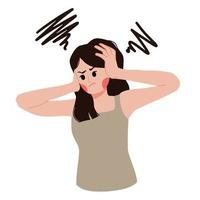 un retrato de una mujer con dolor de cabeza sosteniendo su cabeza con una ilustración de gestos estresados y frustrados vector