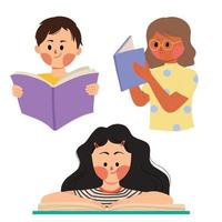 a set of kid reading book studying illustration vector