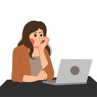 Thinking woman in front of laptop working and studying illsustration vector