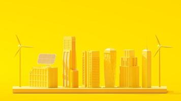 Minimal concept. Yellow building and electric turbine mockup set lined up on yellow background. photo