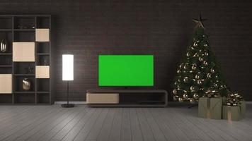 Salón navideño con televisión. pantalla de televisión con un fondo verde en blanco. representación 3d foto