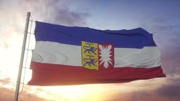 Schleswig Holstein flag, Germany, waving in the wind, sky and sun background. 3d rendering photo