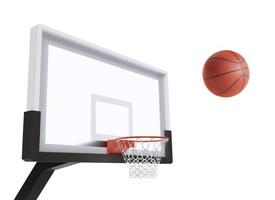 A player throws a basketball towards the net and trying to get a score. 3d render photo