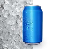 Aluminum can with water droplets on ice cubes background. concept refreshing drink cool down photo