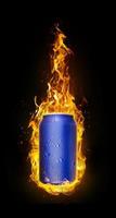 Cold drink cans in flames. Refreshing drink concept for summer. 3d render photo