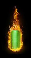 Cold drink cans in flames. Refreshing drink concept for summer. 3d render photo