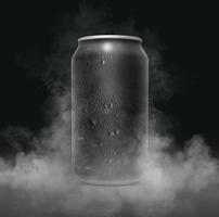 An unbranded freezing cold aluminum tin can with cold vapor an isolated dark studio background. 3D render photo