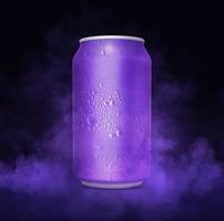 An unbranded freezing cold aluminum tin can with cold vapor an isolated dark studio background. 3D render photo