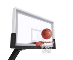 A player throws a basketball towards the net and trying to get a score. 3d render photo