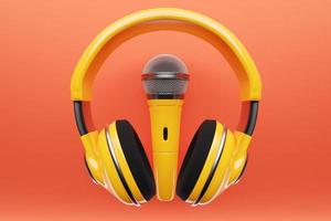 micrófono, modelo de forma redonda y auriculares inalámbricos amarillos sobre fondo naranja, ilustración 3d realista. premio de música, karaoke, radio y equipo de sonido de estudio de grabación foto