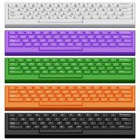 3D illustration, close up of a realistic computer keyboard in five colors white, black, purple, green and orange on a white background.