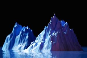 3d illustration neon blue  mountains of different sizes on a black background. Sharp waves. Abstract lines. Flow background. photo