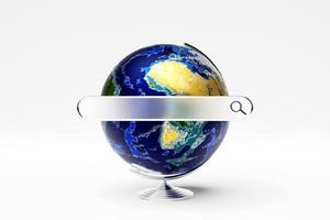 3d illustration of an internet search page  and earth planet model with world map  on a white  background. Search bar  icons