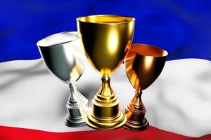 3d illustration of a cup of gold, silver and bronze winners on the background of the national flag of France. 3D visualization of an award for sporting achievements photo