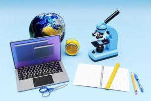 3D illustration of a laptop with an open browser tab on the screen,laboratory microscope and  set of laboratory instruments photo