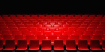 3d renderizar las mismas filas de sillas blandas de dibujos animados rojos en el teatro. concepto de un hermoso cine con sillas foto