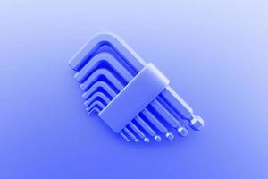 Ilustración 3d de una herramienta de mano llave allen de herramienta azul aislada en un fondo monocromo. renderizado 3D e ilustración de la herramienta de reparación e instalación foto