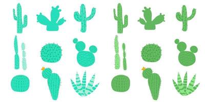 Set of vector illustrations with flat cacti two color options. Cacti with flowers.