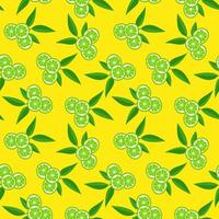 Lime with green leaves, a slice of citrus fruits on a yellow background. Seamless tropical pattern vector