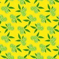 Lime with green leaves, a slice of citrus fruits on a yellow background. Seamless tropical pattern vector