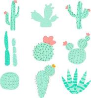 Set of vector illustrations with flat cactus bright colors. Cacti with flowers. Lovely houseplants