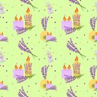 Seamless pattern with lavender flowers, with flowers in a vase, candles. Vector illustration