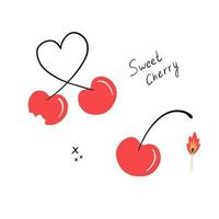 Sweet cherry funny vector illustration on white background. Couple cartoon cherry love and burn