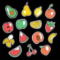 Big set of different fruits on black background. Natural tropical fruit. Hand drawn vector illustration