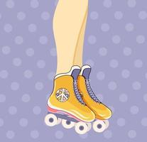 Yellow roller skates in retro style. Flat design. Vector stock illustration. Lilac background.