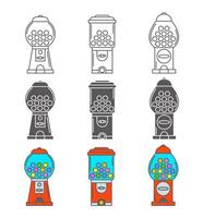 Gumball machine icon set. Retro vending dispenser for candies and bubblegums. Sweets slot vector illustration isolated on white background