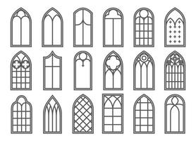 Church medieval windows set. Old gothic style architecture elements. Vector outline illustration on white background.