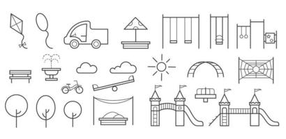 Children playground entertainment set with swings, sandbox and bench in park. Kids area icons. Outline vector illustrations