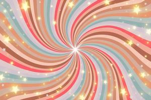 Rainbow swirl background with stars and sparkles. Radial pastel gradient of twisted spiral. Vector illustration.