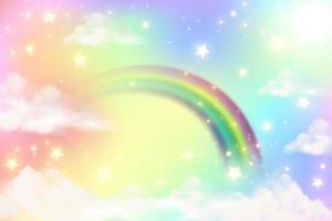 Abstract rainbow background with clouds and stars on sky. Fantasy pastel color unicorn wallpaper. Cute landscape. Vector illustration