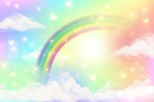 Abstract rainbow background with clouds and stars on sky. Fantasy pastel color unicorn wallpaper. Cute landscape. Vector illustration.