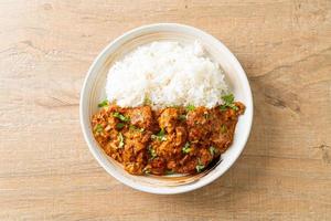 chicken tikka masala with rice on plate photo